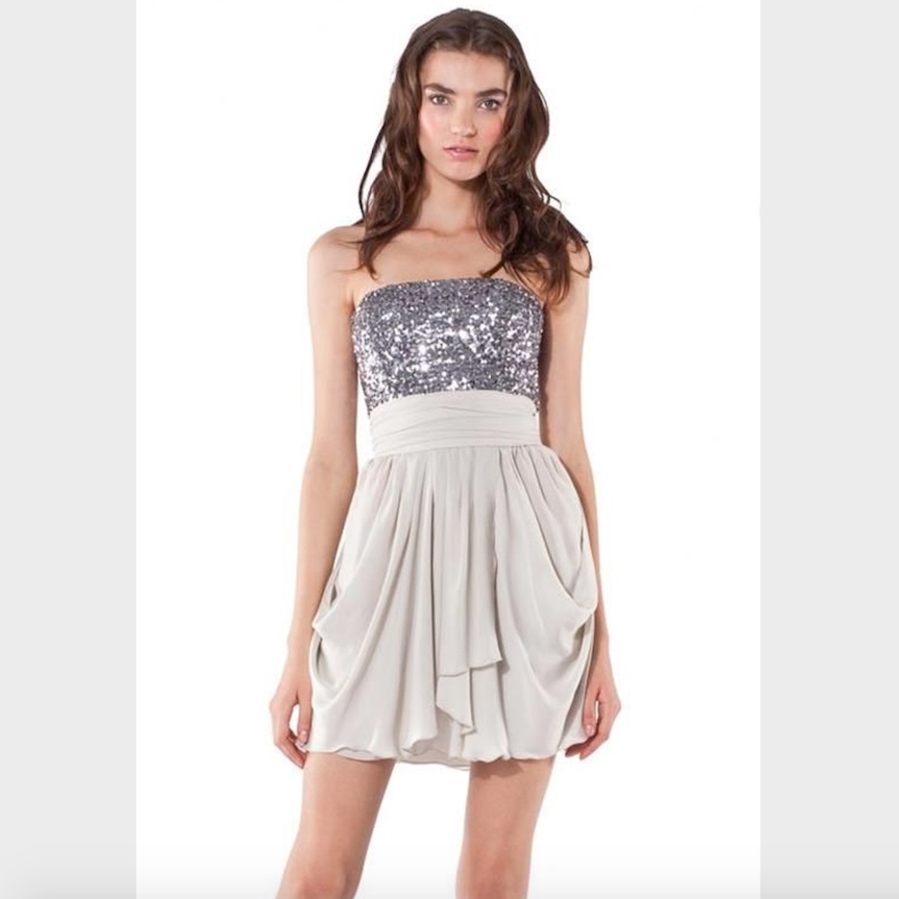 Alice + Olivia Silver Sequin Bodice Cream Draped Mini Dress